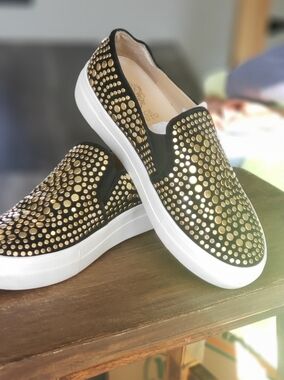 Vince Camuto Black Slip-On Sneakers with Gold Stud Accents